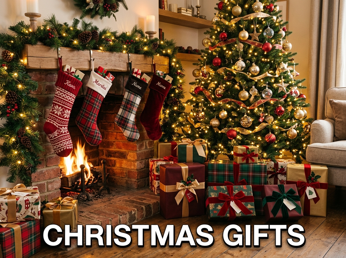 A decorated tree, stockings and wrapped gifts by the fireplace